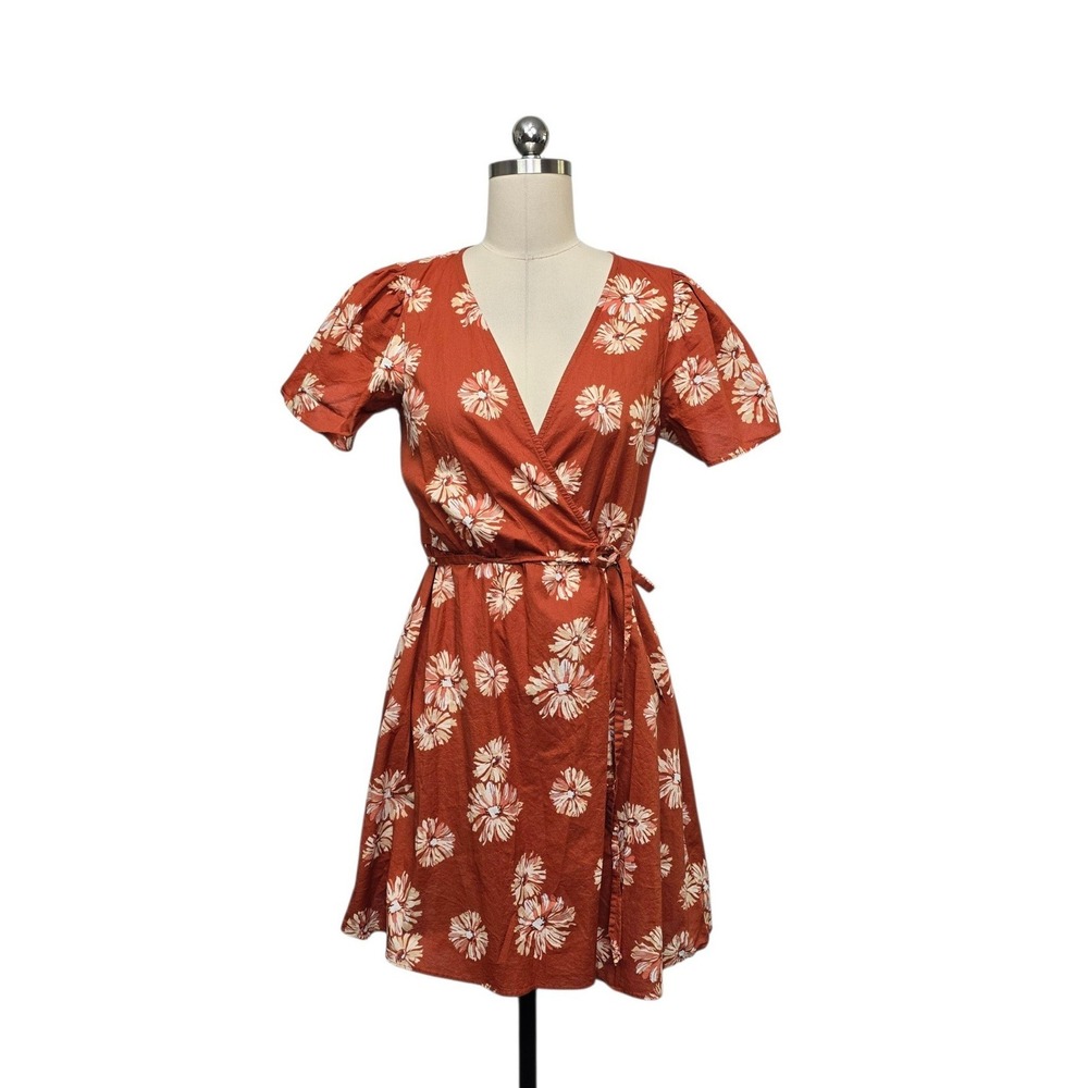 Madewell Rust Orange Daisy Floral Cotton Wrap Mini Dress Short Puff Sleeve Small